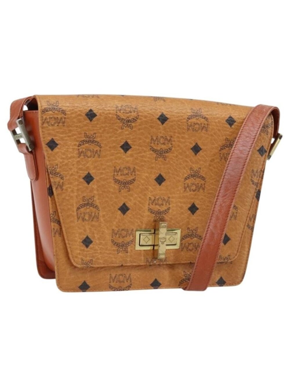 Authentic MCM Vicetos Logogram Shoulder Bag PVC Leather Brown Gold